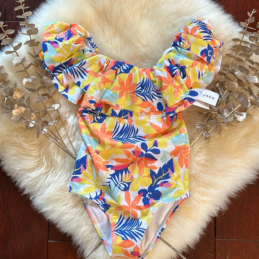 NWT Janie and Jack vibrant orange yellow blue floral girls ruffle swimsuit!
